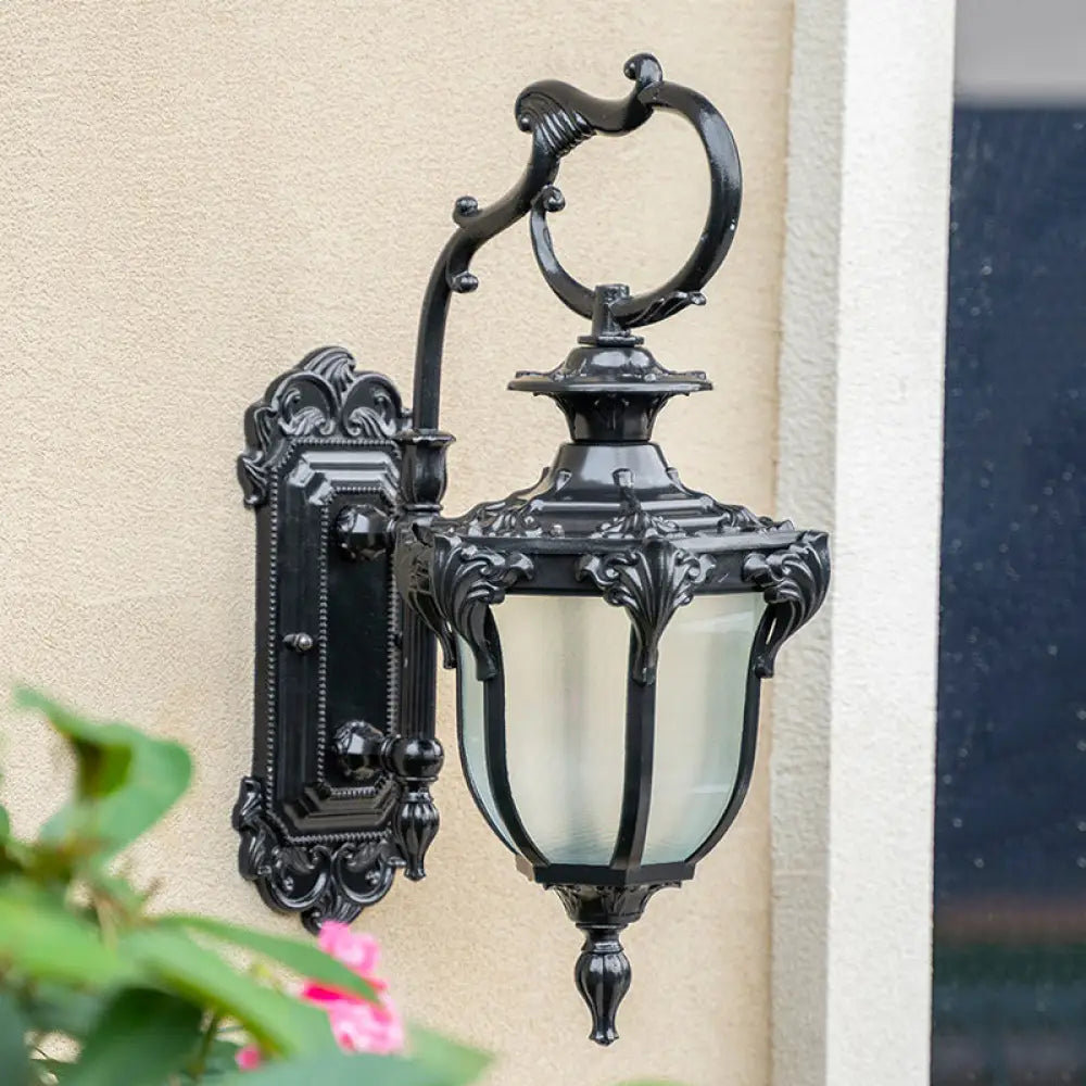 Rustic Scrolled Arm Wall Lighting - Black/Bronze Courtyard Lamp With Urn Frosted Glass Shade Black