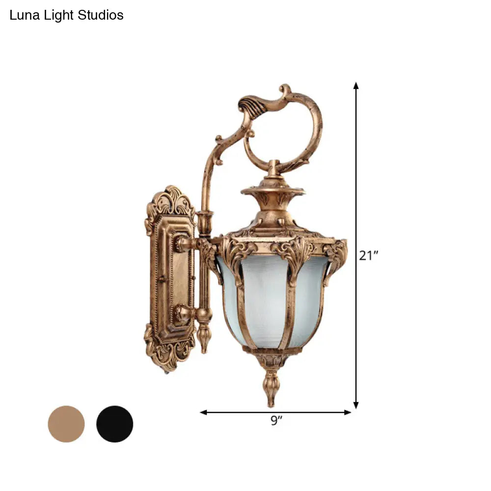 Rustic Scrolled Arm Wall Lighting - Black/Bronze Courtyard Lamp With Urn Frosted Glass Shade