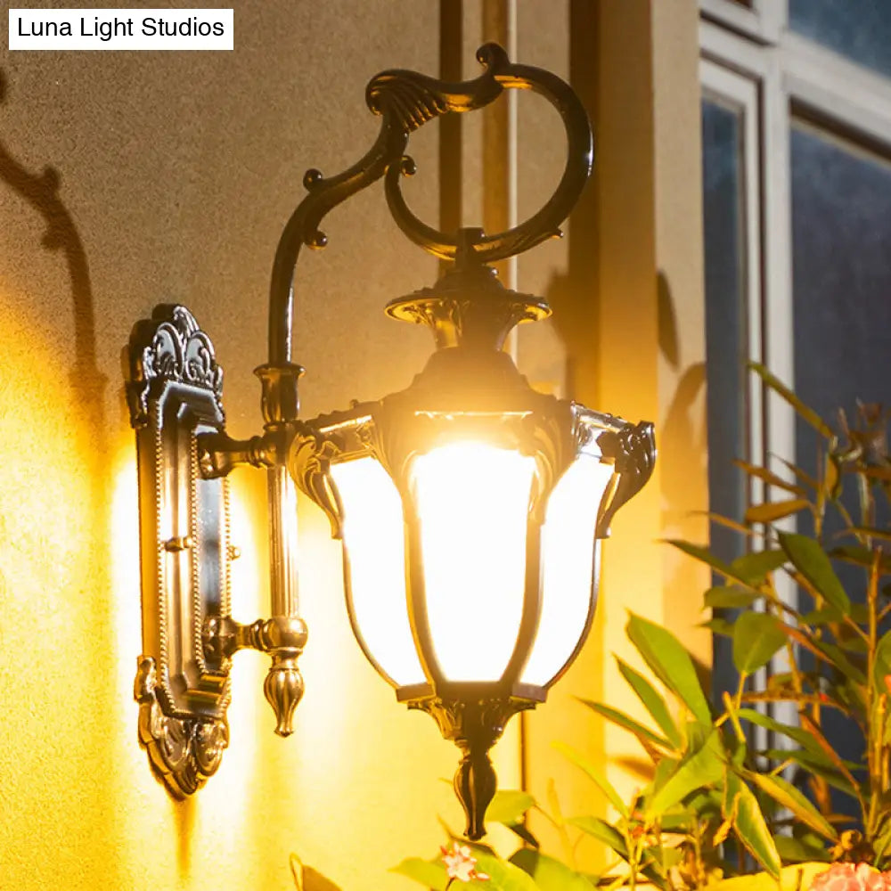 Rustic Scrolled Arm Wall Lighting - Black/Bronze Courtyard Lamp With Urn Frosted Glass Shade