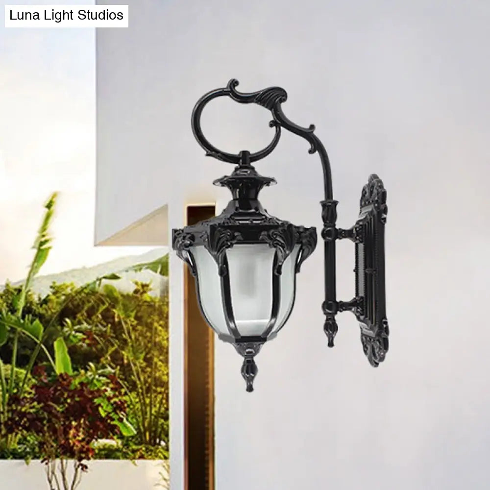 Rustic Scrolled Arm Wall Lighting - Black/Bronze Courtyard Lamp With Urn Frosted Glass Shade