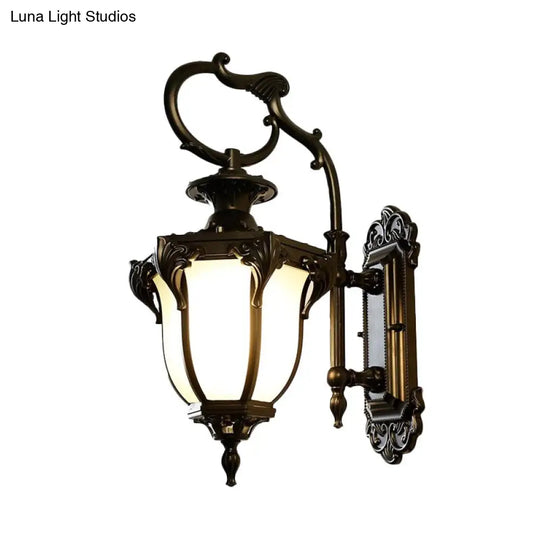 Rustic Scrolled Arm Wall Lighting - Black/Bronze Courtyard Lamp With Urn Frosted Glass Shade