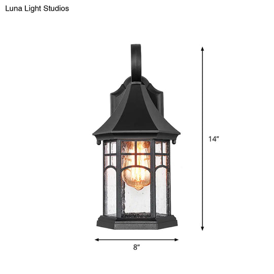 Rustic Seedy Glass Black Sconce Lantern: 1-Light Wall Lamp For Porch Garden