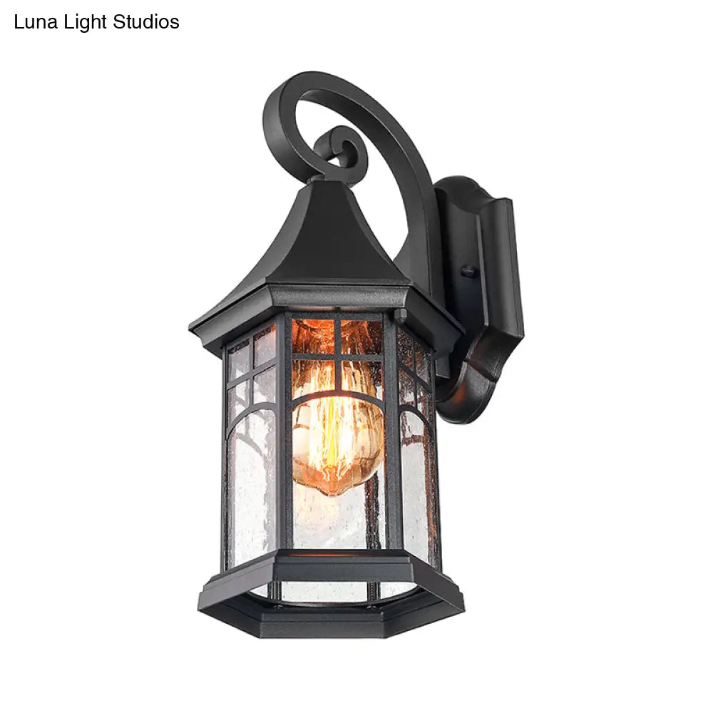 Rustic Seedy Glass Black Sconce Lantern: 1-Light Wall Lamp For Porch Garden