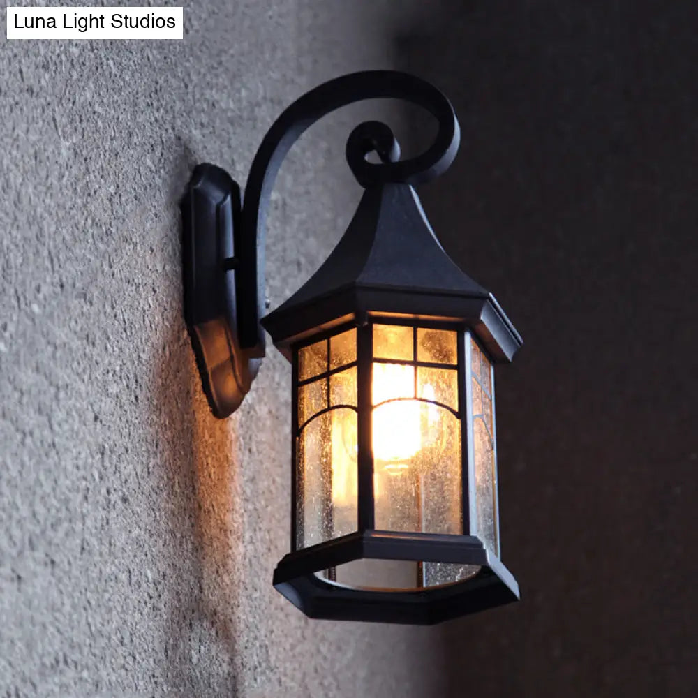 Rustic Seedy Glass Black Sconce Lantern: 1-Light Wall Lamp For Porch Garden