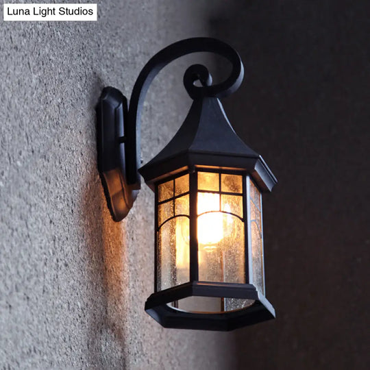 Rustic Seedy Glass Black Sconce Lantern: 1-Light Wall Lamp For Porch Garden