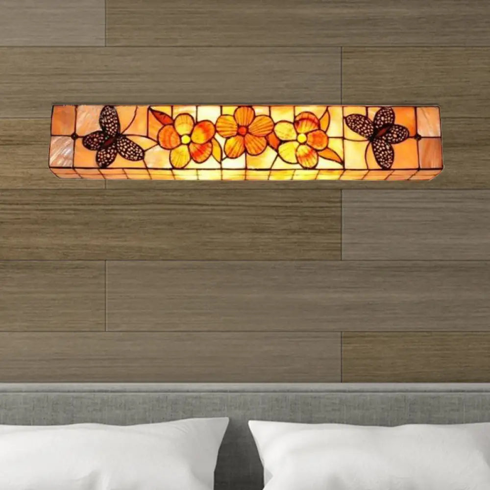 Rustic Shell Wall Light With Floral Butterfly Design - 2 Rectangle Lights Beige