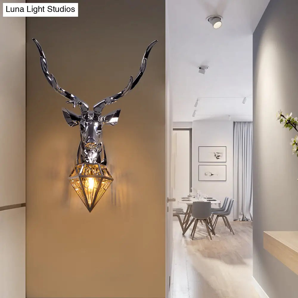 Rustic Silver/Gold Diamond Indoor Sconce Light With Deer Backplate - 1 Resin Wall Lamp Fixture