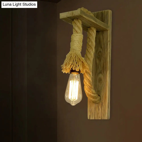 Rustic Single-Bulb Wall Lamp With Open Bulb And Roped Sconce - Wood Bracket Fixture