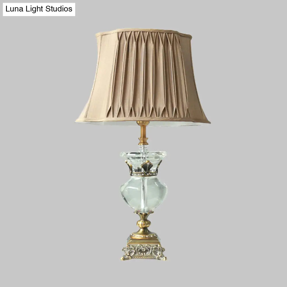 Rustic Single Head Light Brown Table Lamp With Crystal Accent - Pleated Shade Indoor Nightstand