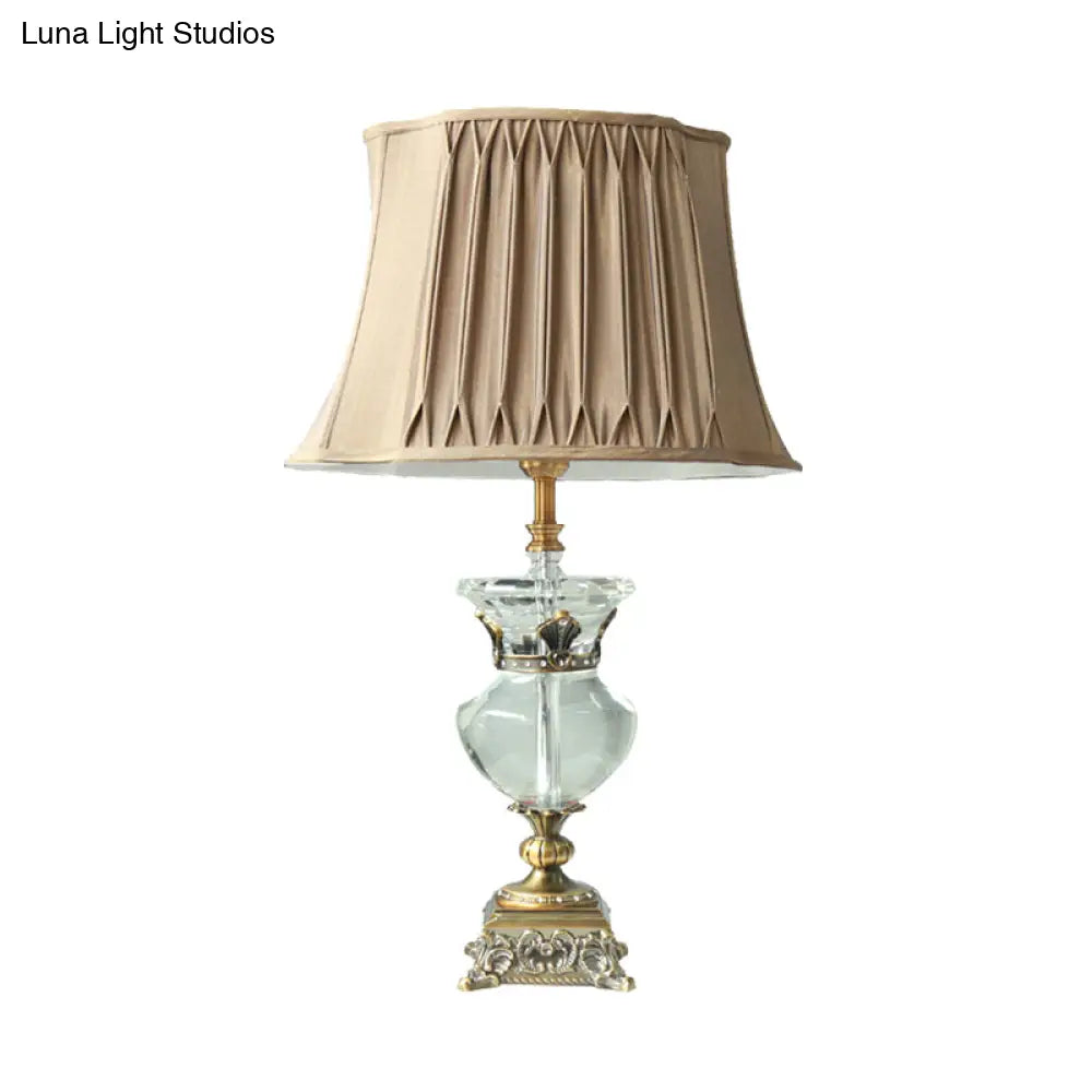 Rustic Single Head Light Brown Table Lamp With Crystal Accent - Pleated Shade Indoor Nightstand