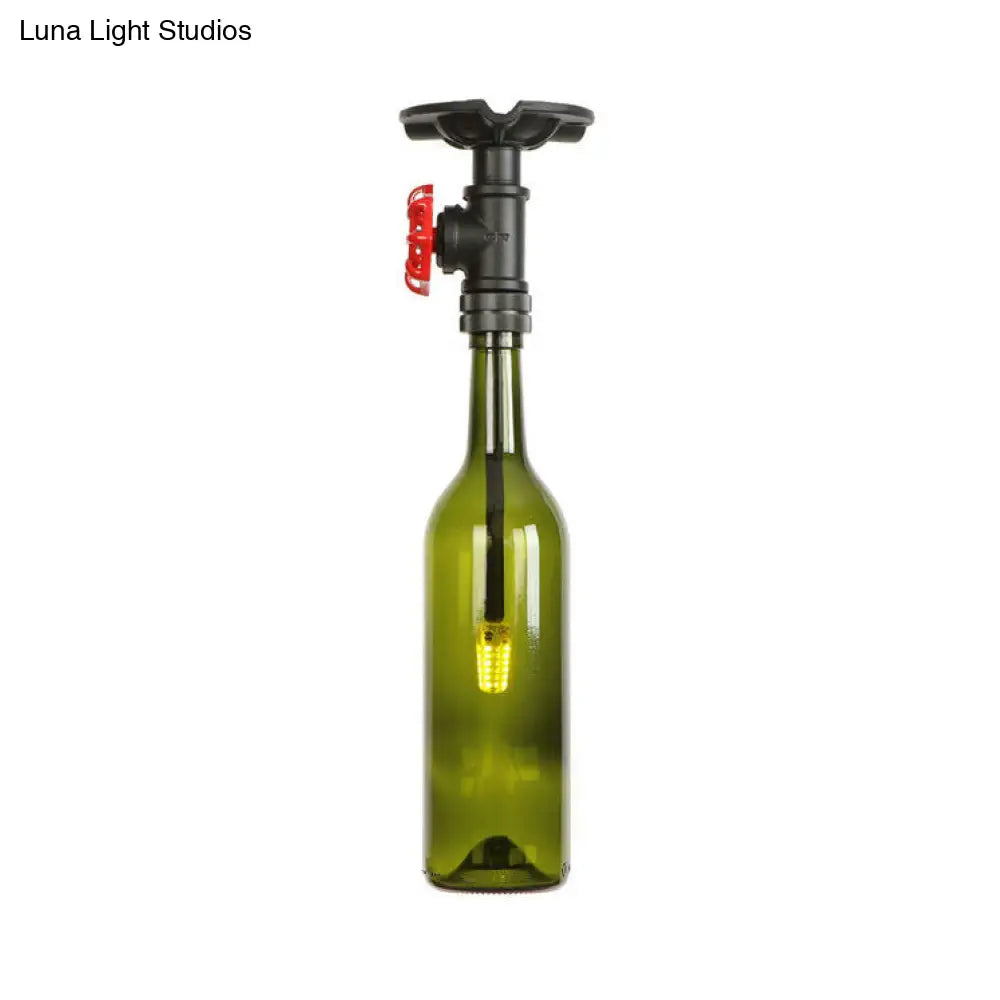 Rustic Single Light Semi Flushmount With Glass Shade - Bottle Design Green