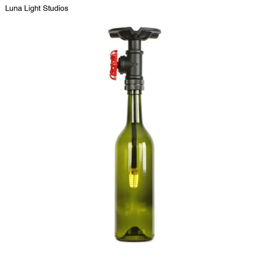 Rustic Single Light Semi Flushmount With Glass Shade - Bottle Design Green