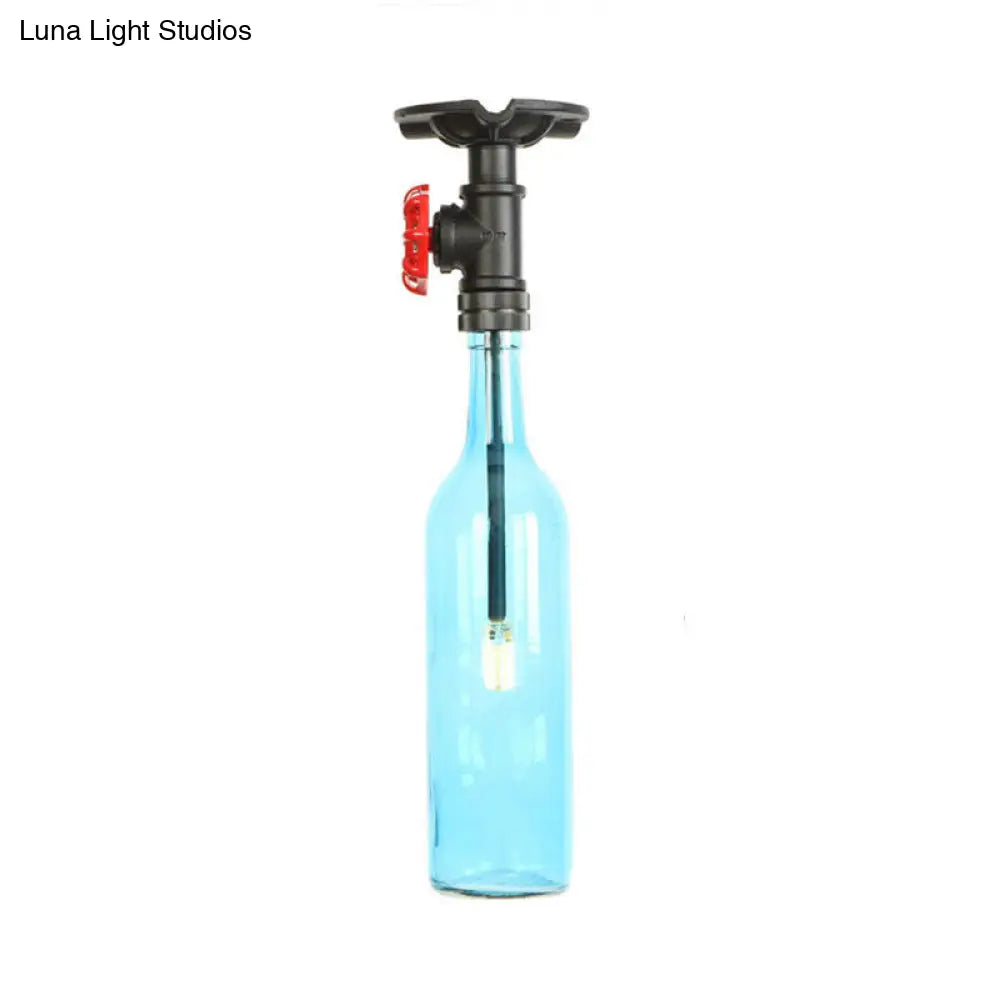 Rustic Single Light Semi Flushmount With Glass Shade - Bottle Design Blue