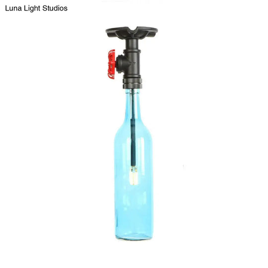 Rustic Single Light Semi Flushmount With Glass Shade - Bottle Design Blue
