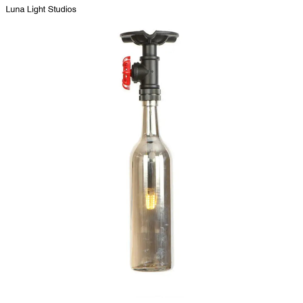 Rustic Single Light Semi Flushmount With Glass Shade - Bottle Design Grey
