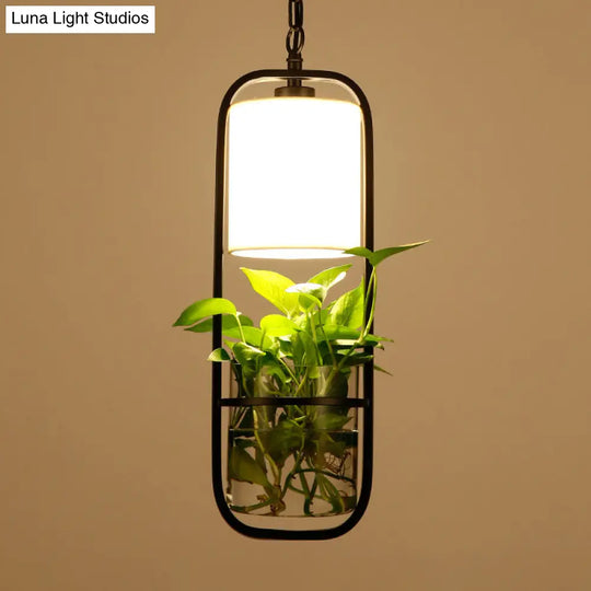 Rustic Single Pendant Light With Fabric Shade And Glass Planter In Black