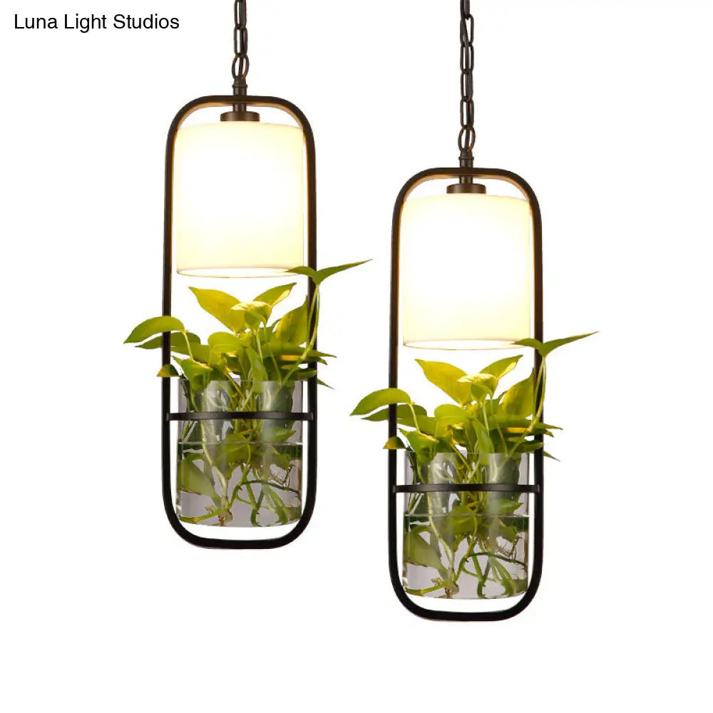 Rustic Single Pendant Light With Fabric Shade And Glass Planter In Black