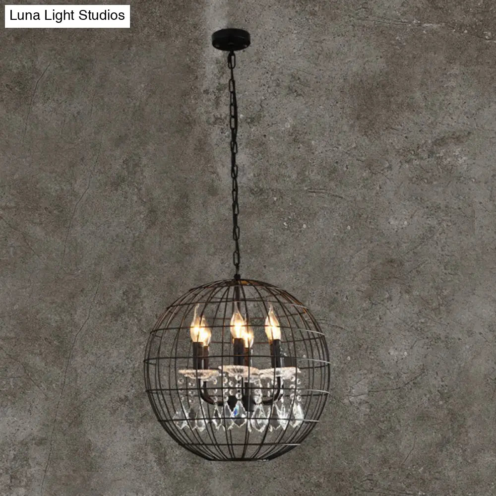 Modern Black Iron Pendant Chandelier With Spherical Wire Cage Crystal Drops Perfect For Rustic