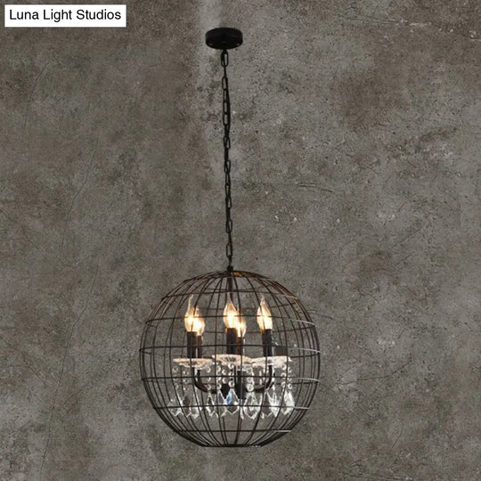 Modern Black Iron Pendant Chandelier With Spherical Wire Cage Crystal Drops Perfect For Rustic