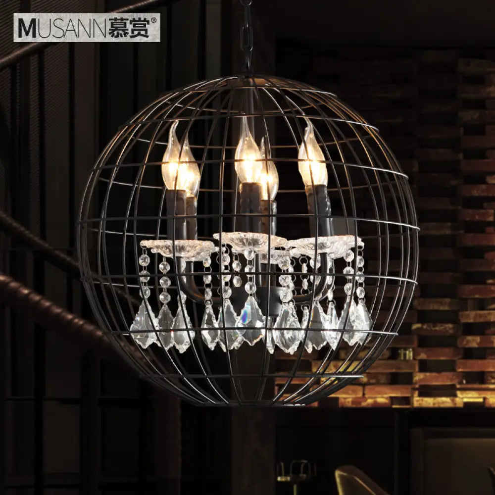 Rustic Spherical Wire Cage Iron Pendant Chandelier With Crystal Drops In Black- Perfect For