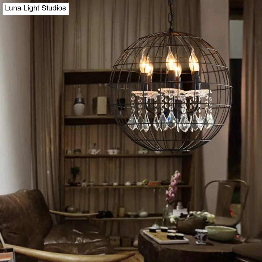 Modern Black Iron Pendant Chandelier With Spherical Wire Cage Crystal Drops Perfect For Rustic