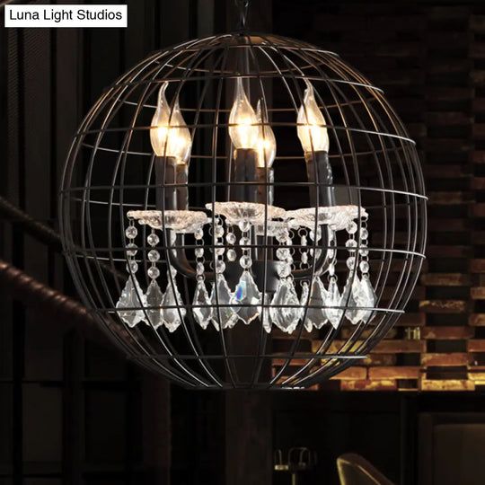 Modern Black Iron Pendant Chandelier With Spherical Wire Cage Crystal Drops Perfect For Rustic