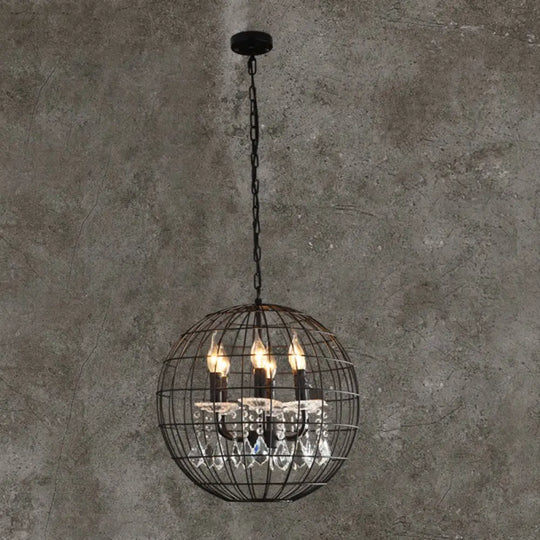 Rustic Spherical Wire Cage Iron Pendant Chandelier With Crystal Drops In Black- Perfect For