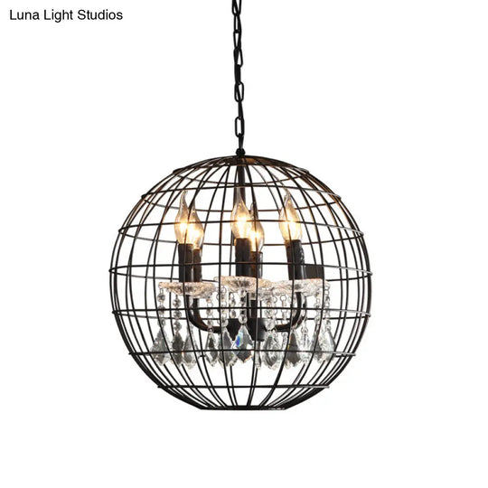 Rustic Spherical Wire Cage Iron Pendant Chandelier With Crystal Drops In Black- Perfect For