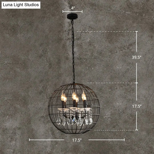 Modern Black Iron Pendant Chandelier With Spherical Wire Cage Crystal Drops Perfect For Rustic