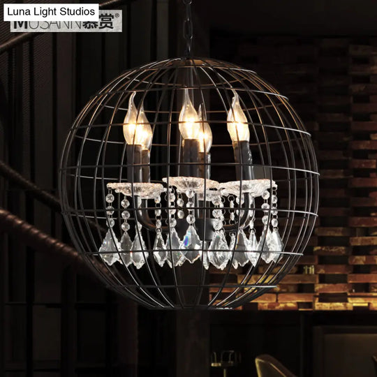 Modern Black Iron Pendant Chandelier With Spherical Wire Cage Crystal Drops Perfect For Rustic