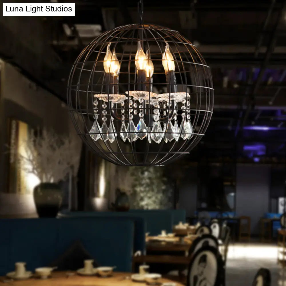 Rustic Spherical Wire Cage Iron Pendant Chandelier With Crystal Drops In Black- Perfect For