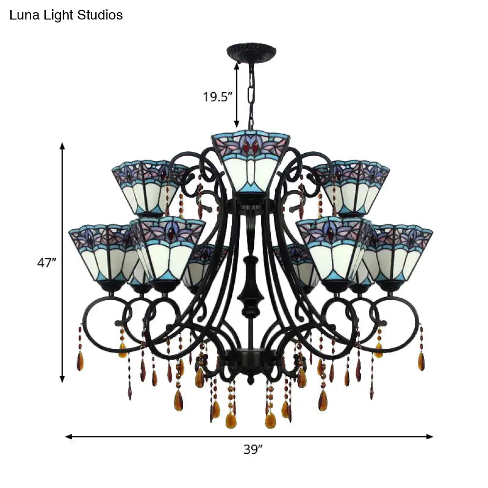 Rustic Stained Glass 11-Light Chandelier With Crystal For Stairway