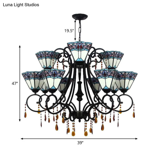 Rustic Stained Glass 11-Light Chandelier With Crystal For Stairway