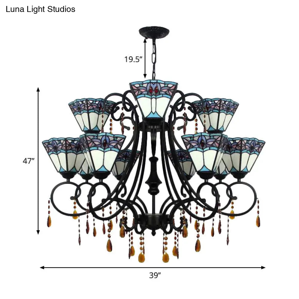 Rustic Hanging Stained Glass Chandelier With Crystal Accents - 11 Lights White