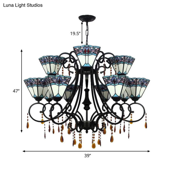 Rustic Hanging Stained Glass Chandelier With Crystal Accents - 11 Lights White