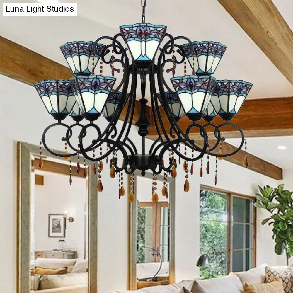 Rustic Hanging Stained Glass Chandelier With Crystal Accents - 11 Lights White