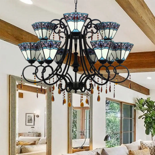 Rustic Stained Glass 11-Light Chandelier With Crystal For Stairway White