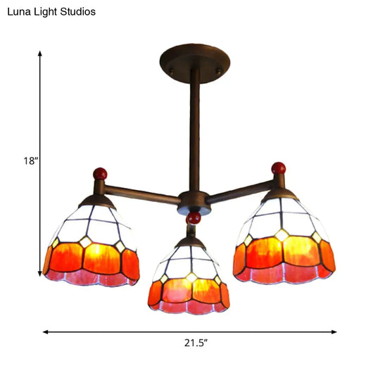 Rustic Stained Glass 3-Light Semi Flush Mount Ceiling Fixture For Dining Room - Red/Blue/Yellow