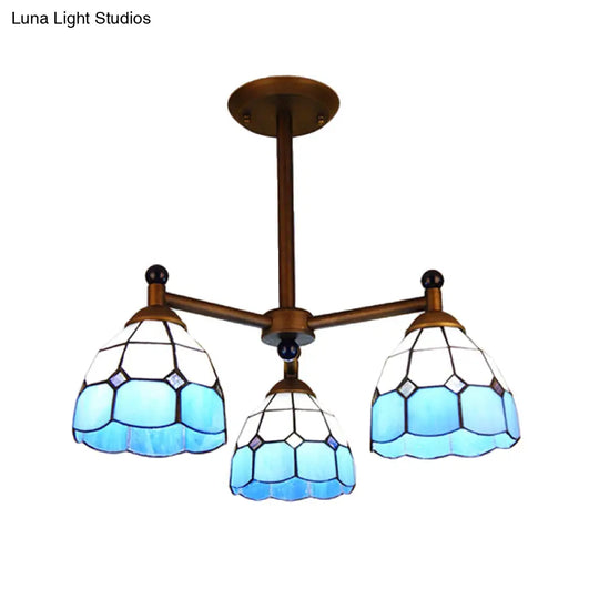 Rustic Stained Glass 3-Light Semi Flush Mount Ceiling Fixture For Dining Room - Red/Blue/Yellow