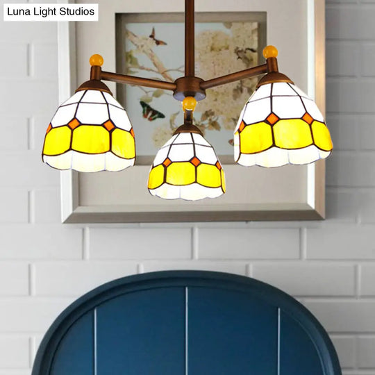 Rustic Stained Glass Semi Flush Mount Ceiling Light Fixture - Red/Blue/Yellow Bowl With 3 Lights For