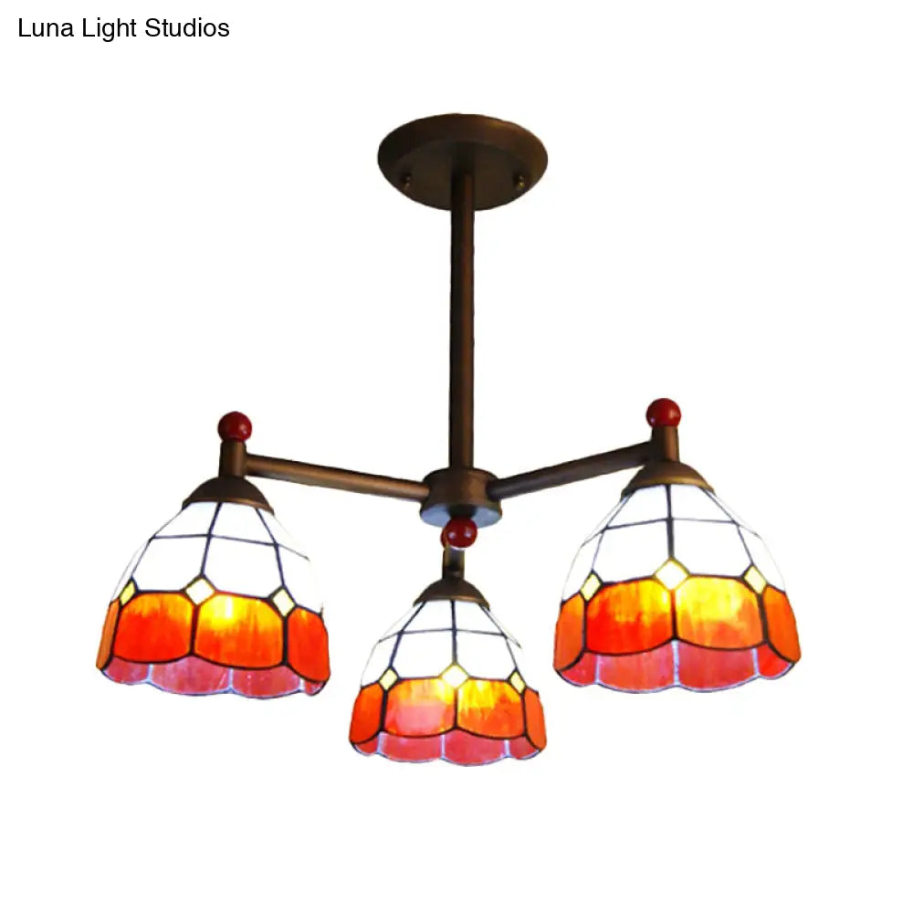 Rustic Stained Glass 3-Light Semi Flush Mount Ceiling Fixture For Dining Room - Red/Blue/Yellow