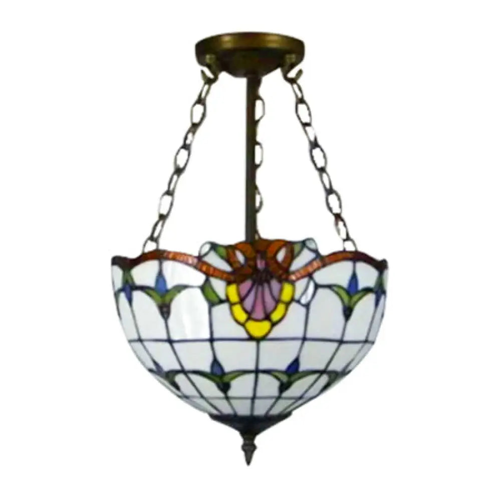 Rustic Stained Glass Bowl Shape Semi Flush Light With White Tulip Mount - 1