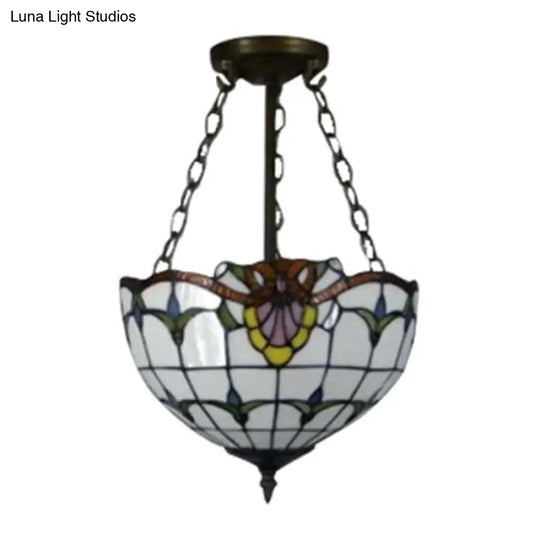 Rustic Stained Glass Bowl Shape Semi Flush Light - White Tulip Mount