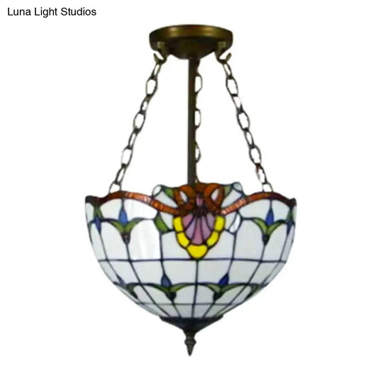 Rustic Stained Glass Bowl Shape Semi Flush Light - White Tulip Mount