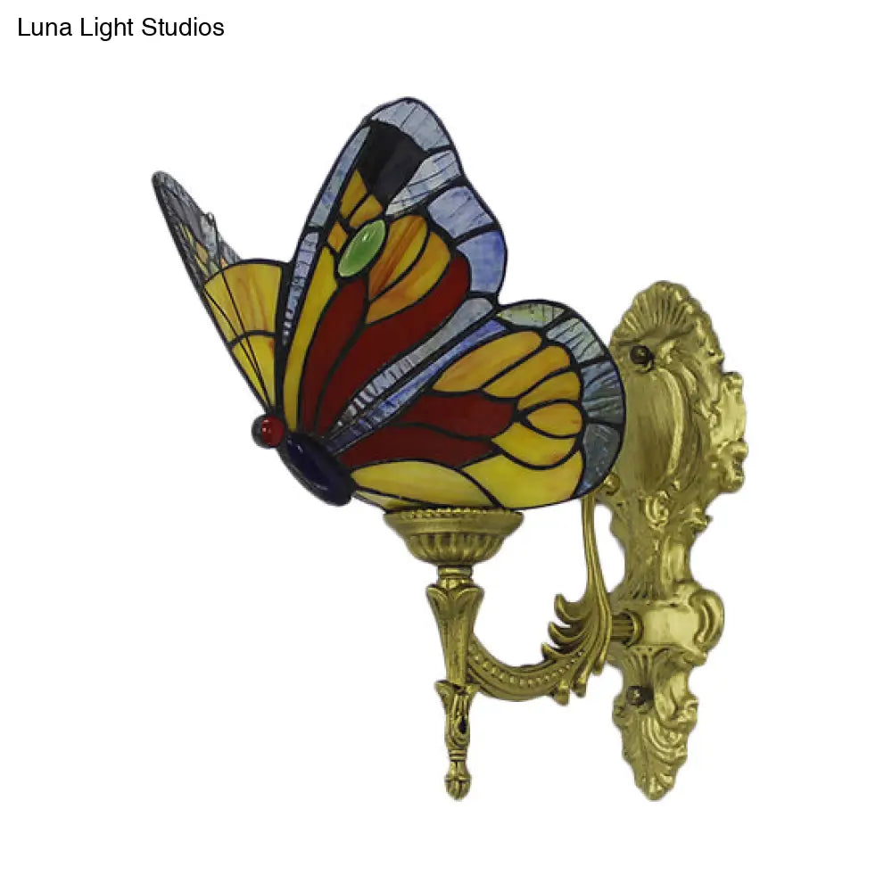 Rustic Stained Glass Butterfly Sconce Wall Light - Blue/Red Foyer Fixture