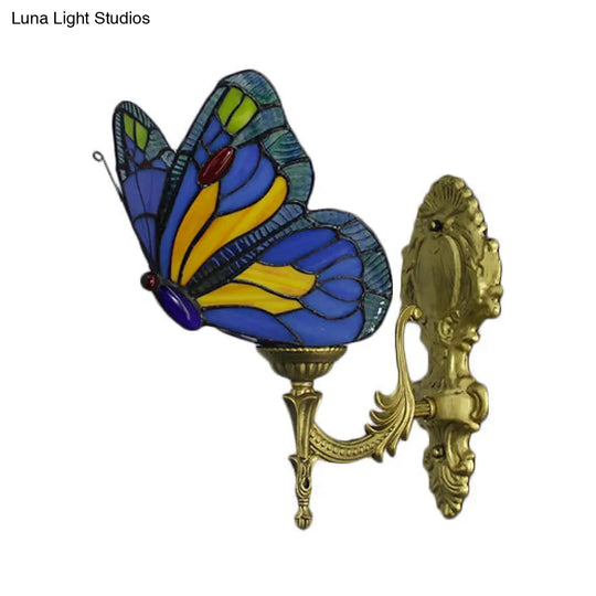 Rustic Stained Glass Butterfly Sconce Wall Light - Blue/Red Foyer Fixture