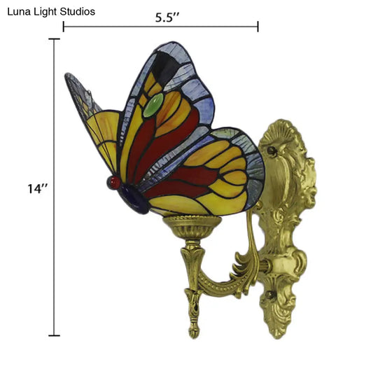 Rustic Stained Glass Butterfly Sconce Wall Light - Blue/Red Foyer Fixture