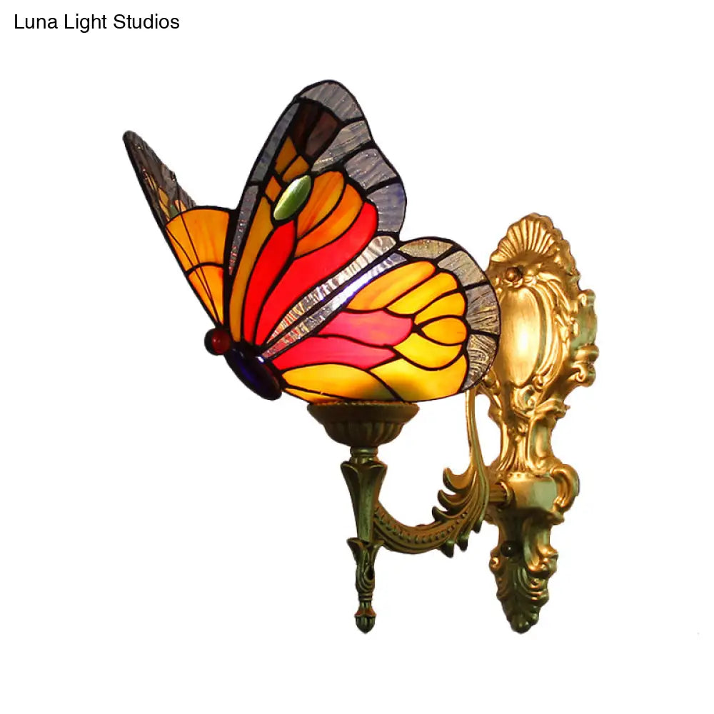 Rustic Stained Glass Butterfly Sconce Wall Light - Blue/Red Foyer Fixture