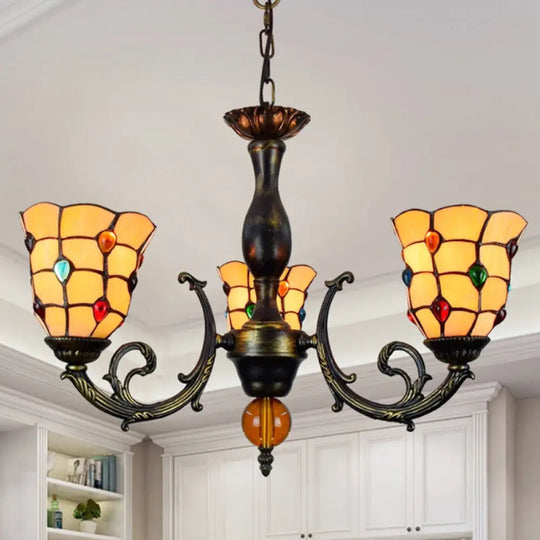 Rustic Stained Glass Chandelier With 3 Heads Jewel Pattern And Yellow Pendant