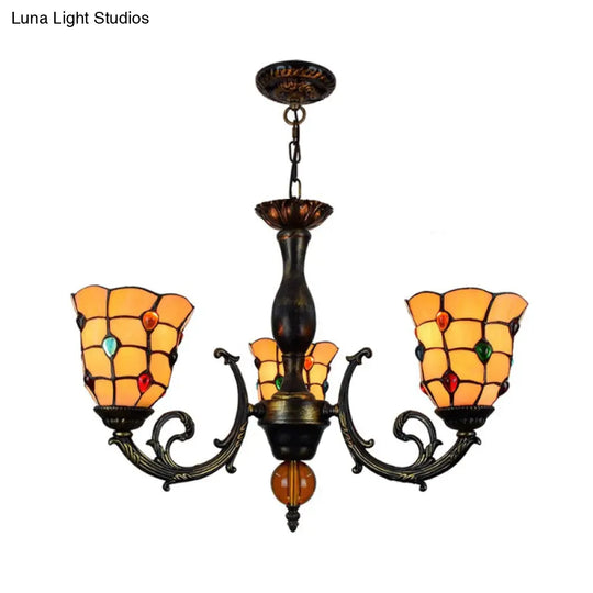 Rustic Stained Glass Chandelier Light - 3-Head Bell Pendant With Jewel Pattern In Yellow